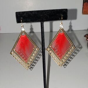 A Pair Of Red String Earrings Gold Tone Dangle Pierced Gypsy Boho Rhinestone